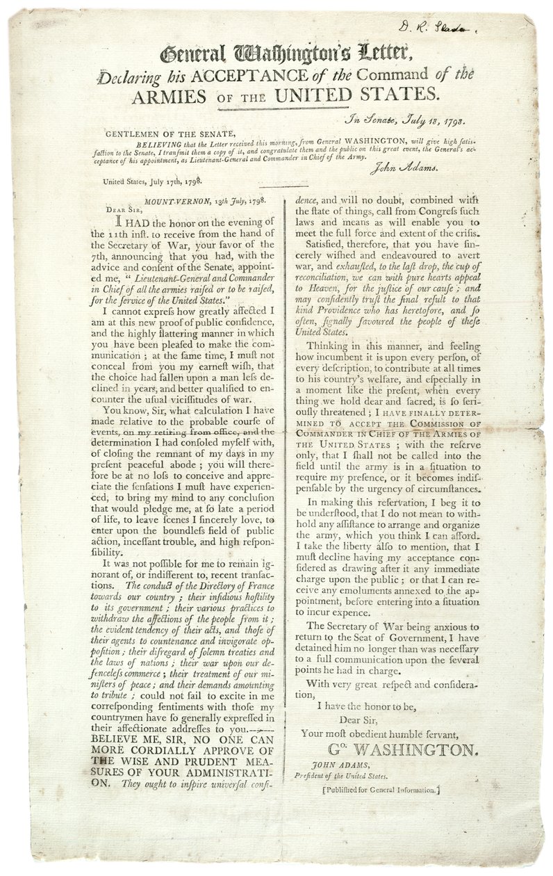 General Washingtons brev som erklærte at han aksepterte kommandoen, 18. juli 1798 av George Washington