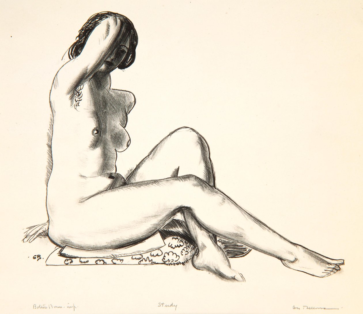 Nakenstudie, jente som sitter på en blomstret pute, 1923-24 av George Wesley Bellows