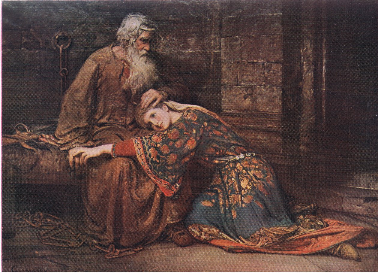 Cordelia trøster King Lear i fengsel (King Lear) Vi to alene vil synge som fugler I buret, fra The Complete Works of William Shakespeare pub.av J Coker & Co Ltd av George William Joy