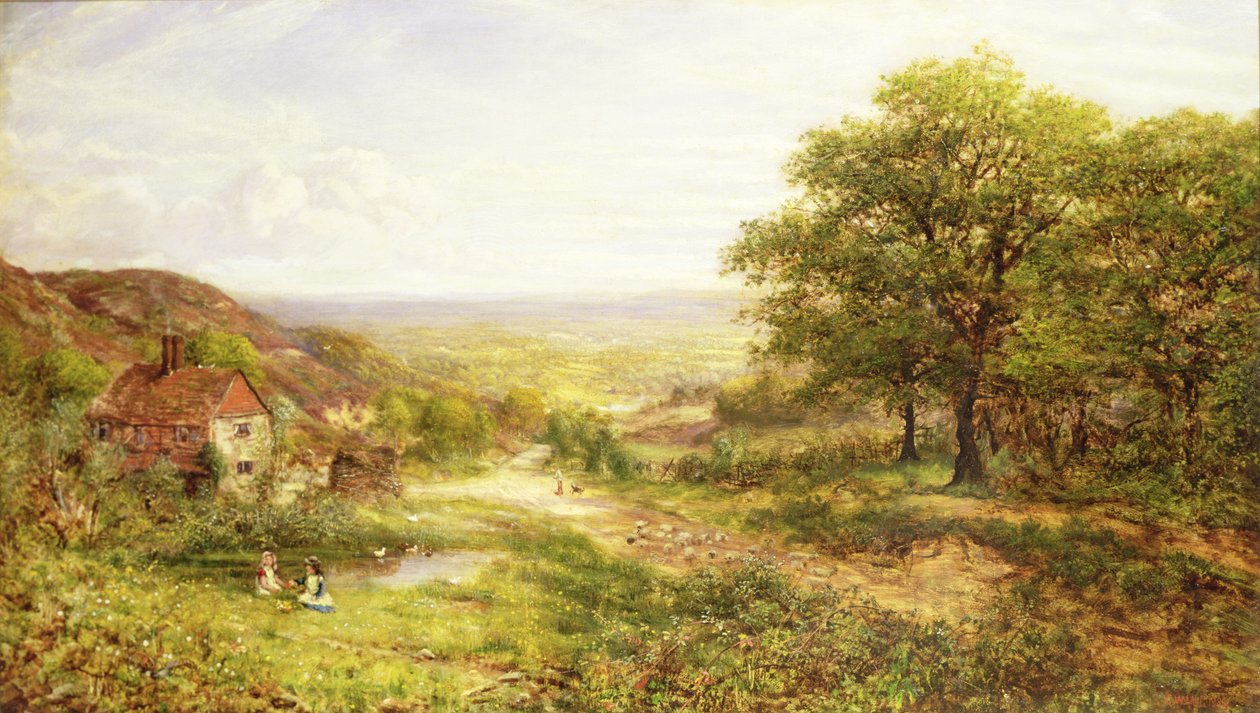 Landskap med barn ved en dam, 1884 av George William Mote