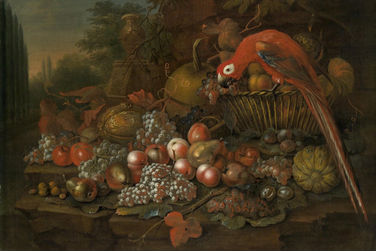 Stilleben med frukt og en papegøye av William Sartorius