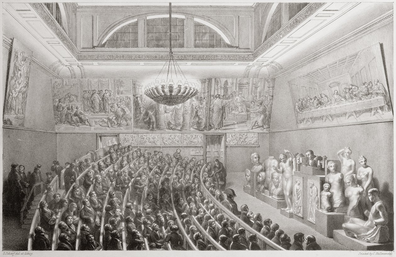 Sir Richard Westmacott (1775-1856) presenterer en forelesning om skulptur ved Royal Academy of Arts, Somerset House i 1830, 1830 av George the Elder Scharf