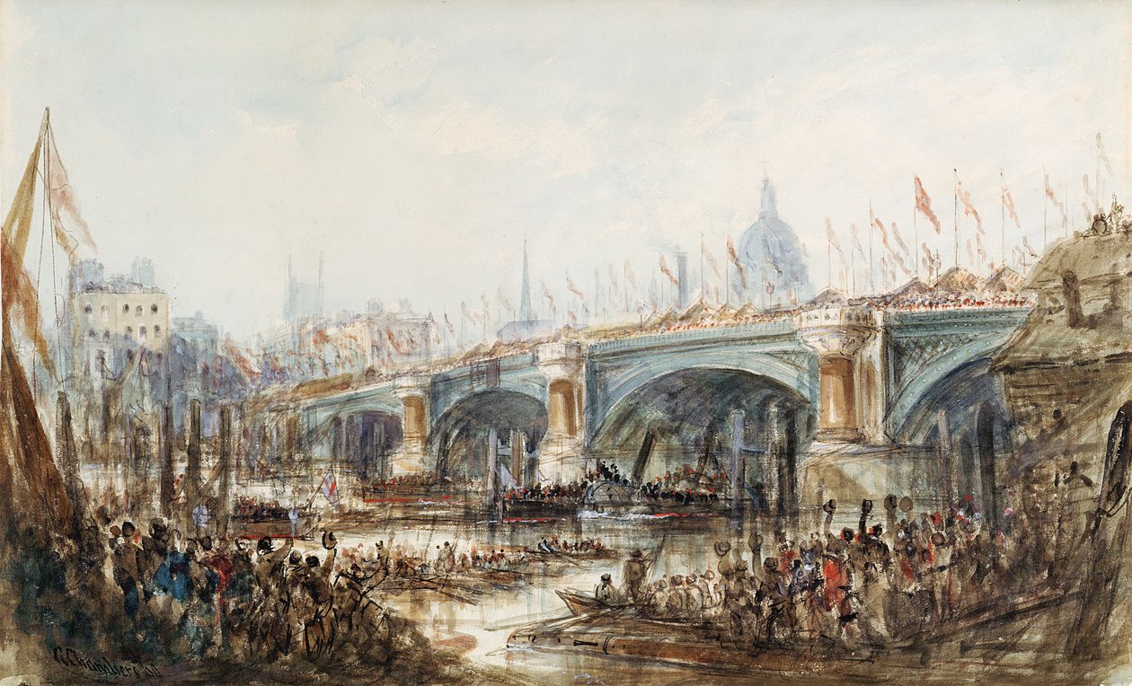 Utsikt over åpningen av New Blackfriars Bridge av dronning Victoria (1819-1901) 6. november 1869 av George the Younger Chambers