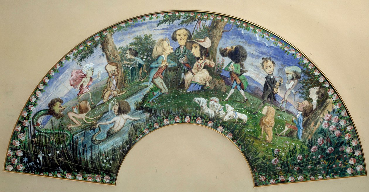 Fan av karikaturer malt i gouache av George Sand (Aurore Dupin, Baronne Dudevant) (1804-1876) og Auguste Charpentier (1815-1880): bokstavkvinnen George Sand, omgitt av Frederic Chopin, Eugene Delacroix og Franz Liszt. 1800-tallets Paris, mu av George Sand