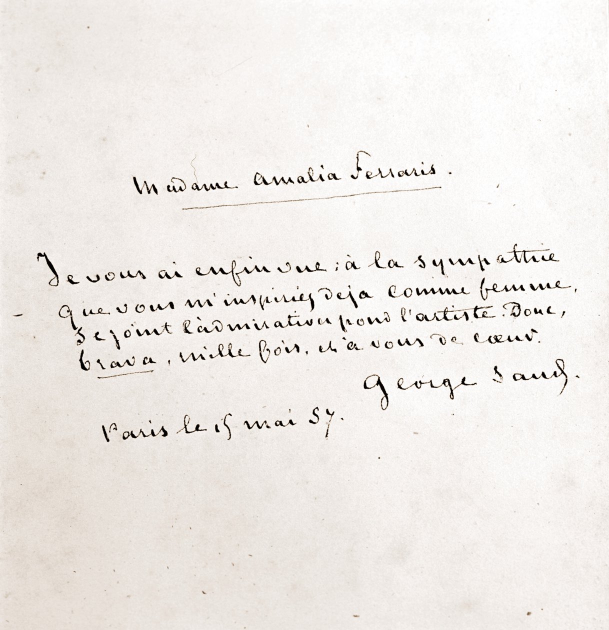 Brev fra George Sand (Aurore Dupin, Baronne Dudevant) (1804-1876) til Madame Amalia Ferraris, Paris 19. mars av George Sand
