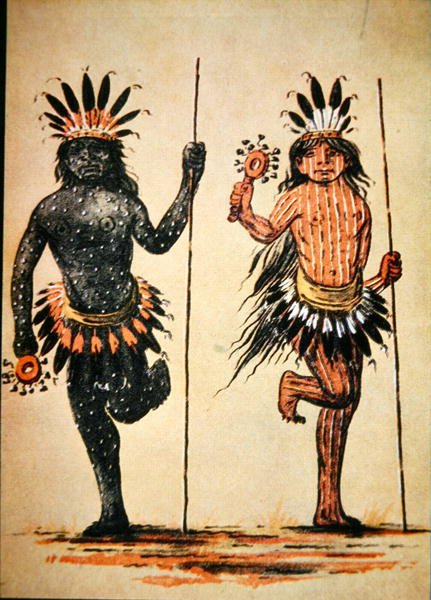 En Mandan stammedans som representerer "Dag" og "Natt", fra et maleri av ca. 1835 (farge litho) av George (after) Catlin