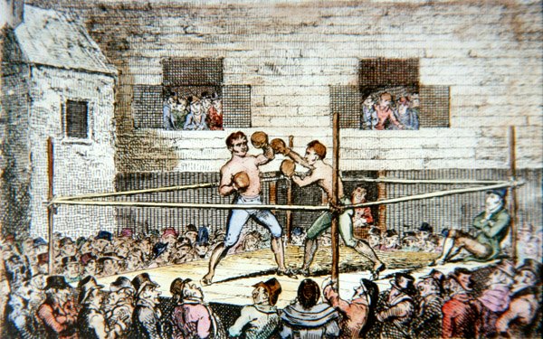 En sparringskamp på fives-banen, London, fra et trykk publisert i 1812 (farge litho) av George (after) Cruikshank
