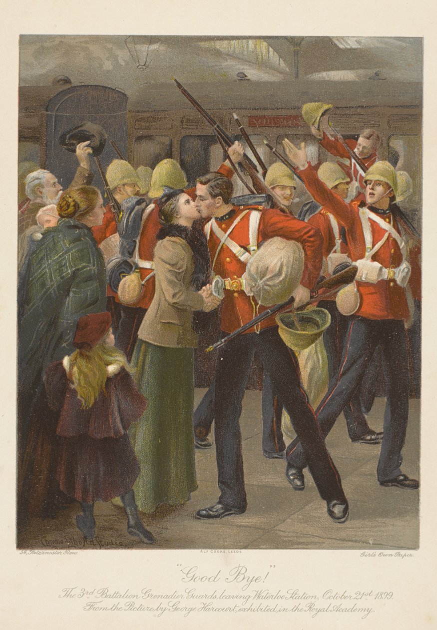 Ha det! 3. bataljon Grenadier Guards forlater Waterloo Station, 21. oktober 1899 (chromolitho) av George (after) Harcourt