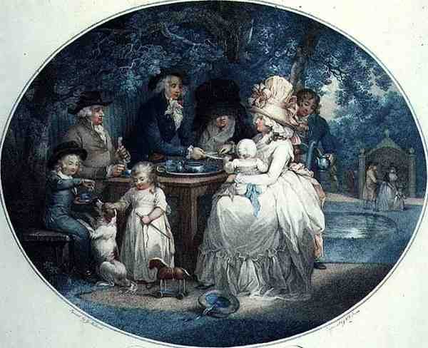 A Tea Garden, gravert av Francois David Soiron (f.1764), pub. av T. Gaugain av George (after) Morland