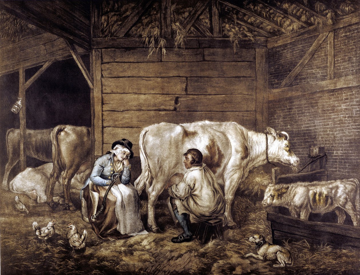 The Cowshed mezzotint etter George Morland (1763-1804) engelsk kunstner. Cowman melker i bøtte. Melkepike venter og holder åk som bøtter bæres på. Høyloft: Lykt: høner. Milkmaids "pen" fordi ikke merket av kopper som cowpox ga immunitet. av George (after) Morland