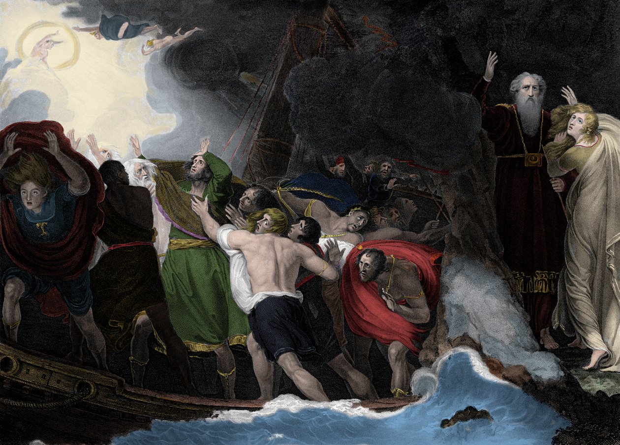 Prospero og Miranda, til høyre, står på øya mens sjømennene er forliste av George (after) Romney