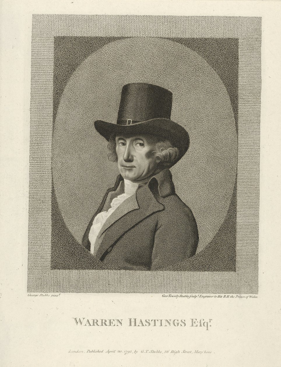 Portrett av Warren Hastings, Esq., pub. 1795 (gravering) av George (after) Stubbs