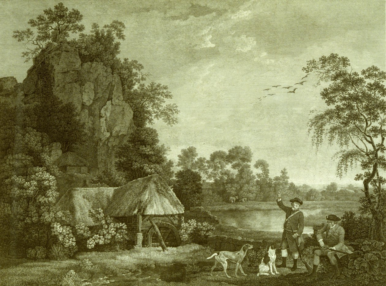 To herrer som går til skyting, med utsikt over Creswell Crags, tatt på stedet, plate 1 (gravering) av George (after) Stubbs