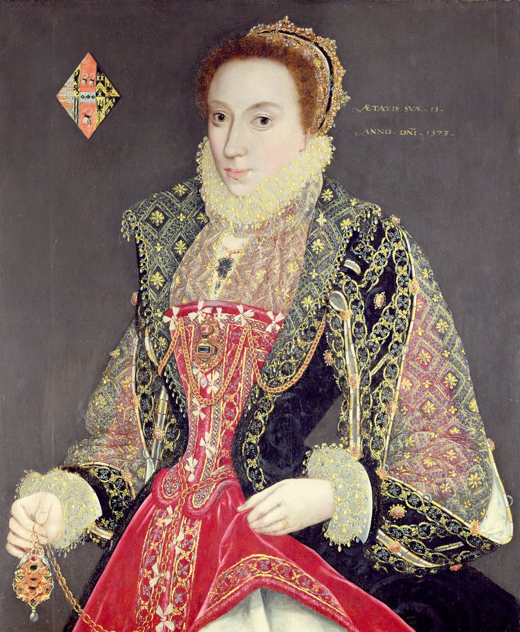 Mary Denton, født Martyn, 15 år gammel i 1573 (olje på panel) av George (attr. to) Gower