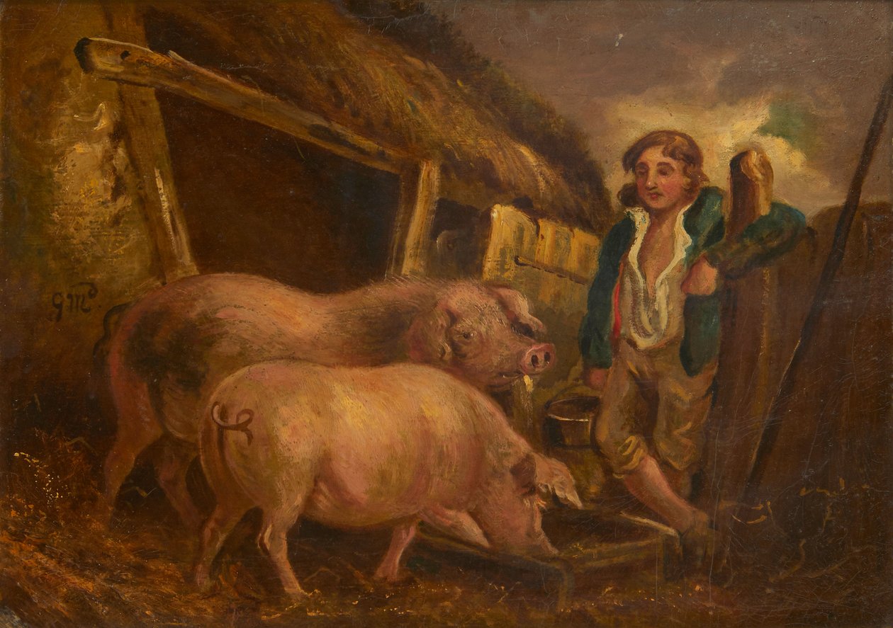 Passe premiegrisene (olje om bord) av George (follower of) Morland