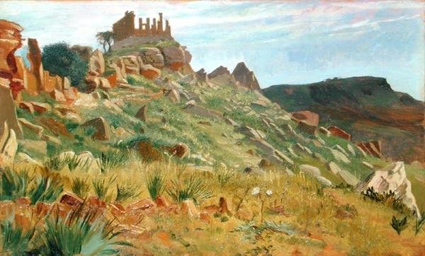Temple of Juno Lacina, Agrigento, Sicilia (olje på panel) av George 9th Earl of Carlisle Howard