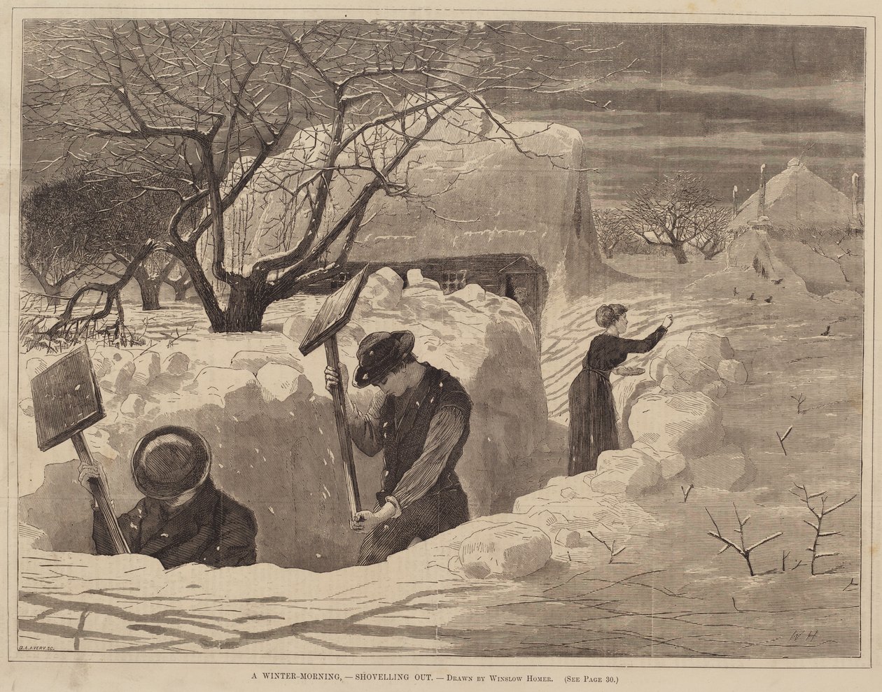 A Winter-Morning, - Shoveling Out, utgitt 1871. av George A. Avery