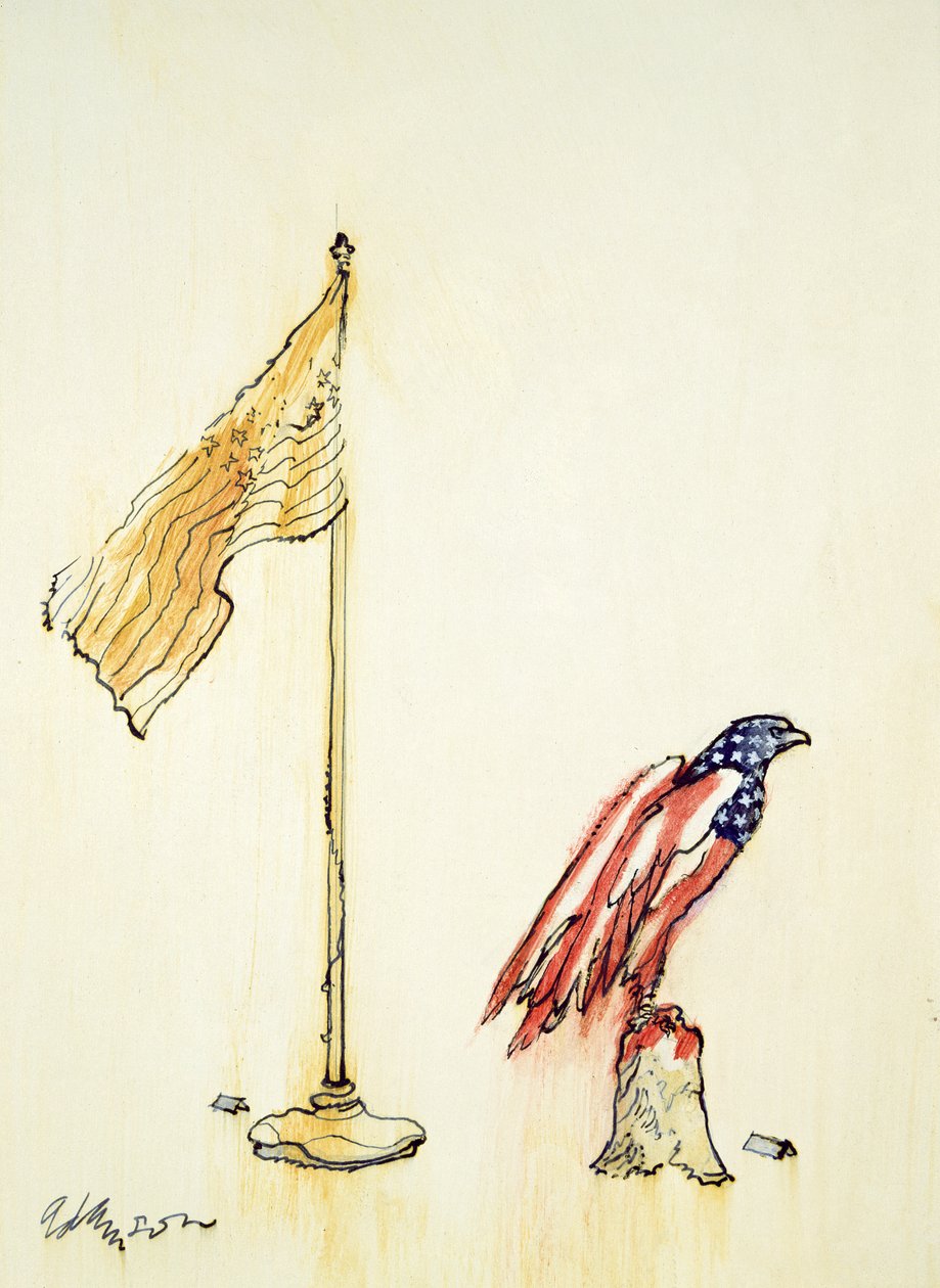 American Eagle anskaffer amerikansk flaggfarging, 1985 (penn og fargevask om bord) av George Adamson