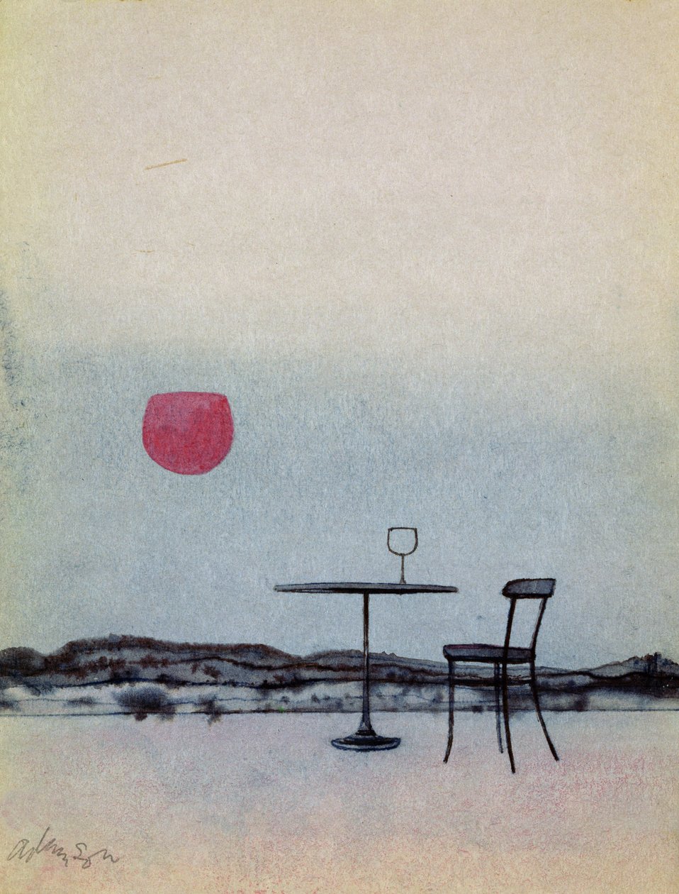 Fordrevet rødvin fra glass på utvendig bord blir den nedgående solen (penn med vask og gouache på kortet) av George Adamson