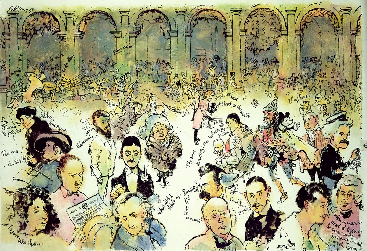 Berømte ansikter utenfor Florians på Piazza San Marco, Venezia, ca. 1990 (gouache på hardboard med blekk på acetatoverlegg) av George Adamson