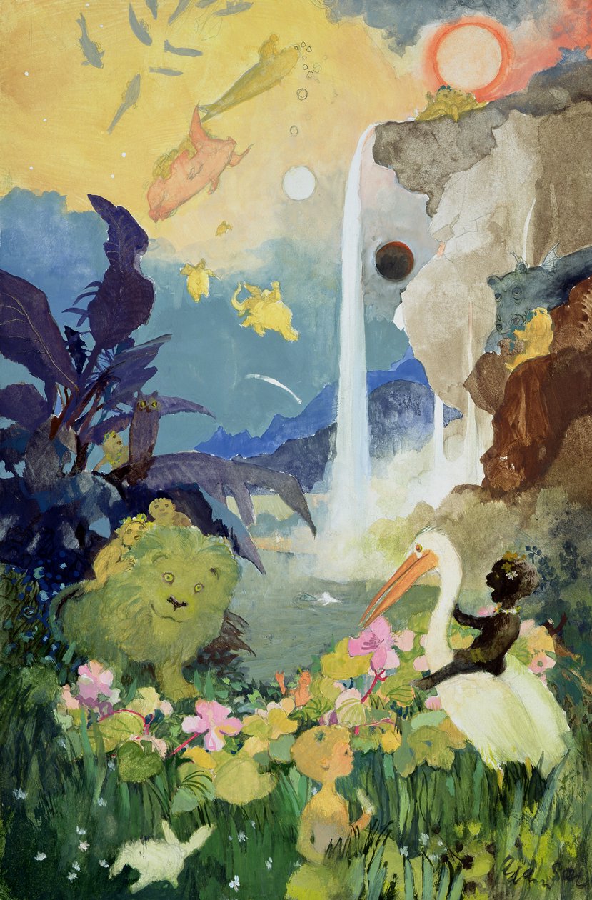 Fantasy Nature Scene (gouache om bord) av George Adamson