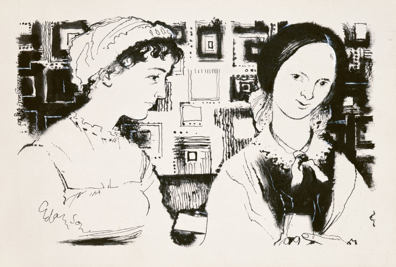 Jane Austen (1775-1817) og Charlotte Bronte (1816-55) - et imaginært møte (indisk blekk om bord) av George Adamson