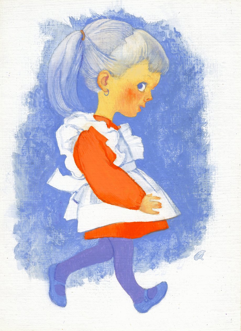Little Girl with Apron, 1970-tallet (gouache på gessoed hardboard) av George Adamson