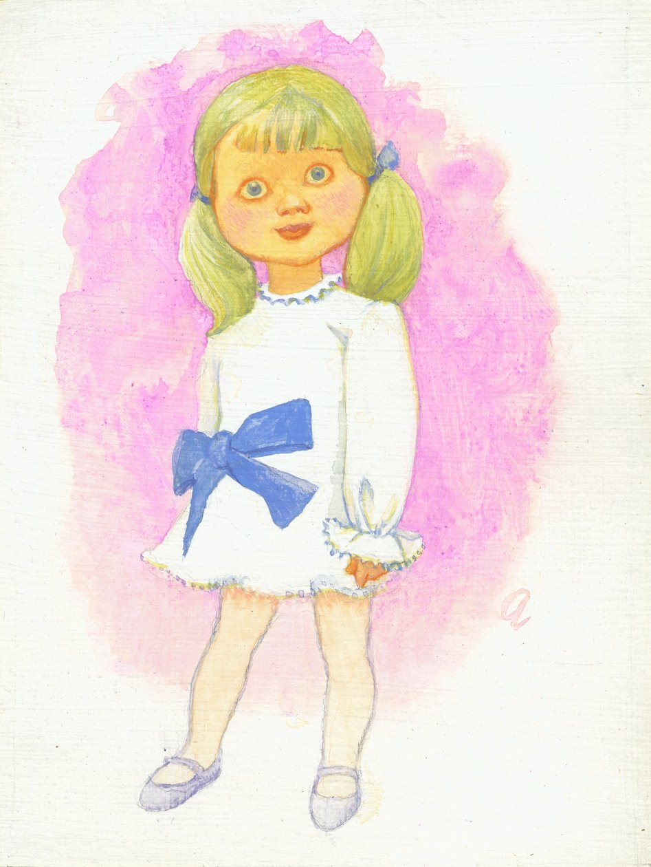 Little Girl with Bow, 1970-tallet (gouache på gessoed hardboard) av George Adamson