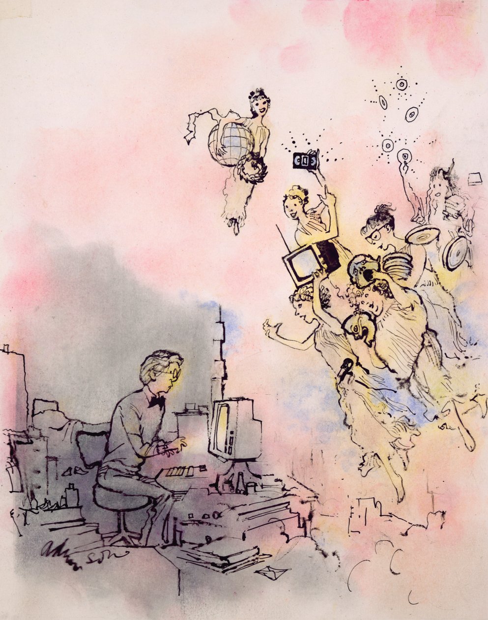 Modern Young Writer henter inspirasjon fra Multimedia Muses (gouache på kort) av George Adamson