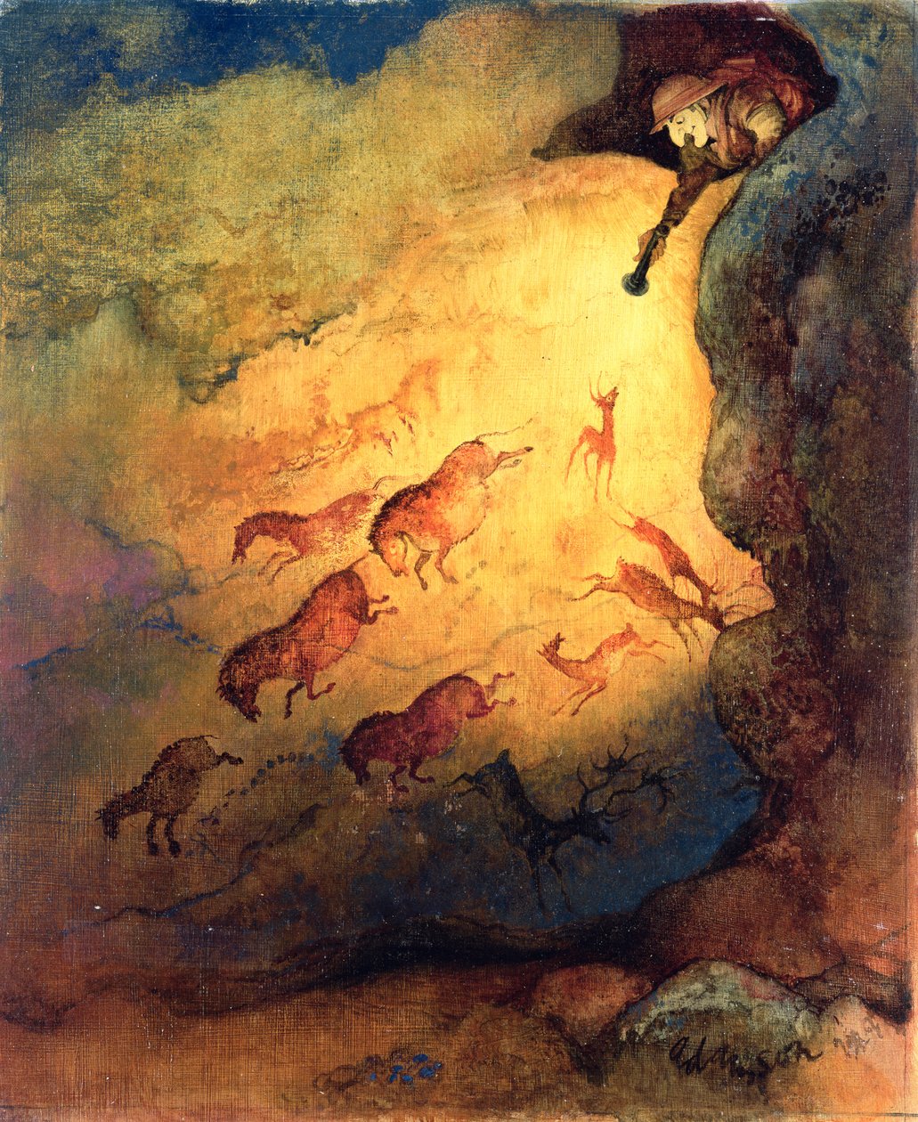 Mr Punch som huleutforsker gir dyrene i Lascaux en skrekk, upublisert oppdrag av Punch, 1968 (gouache på hardboard) av George Adamson