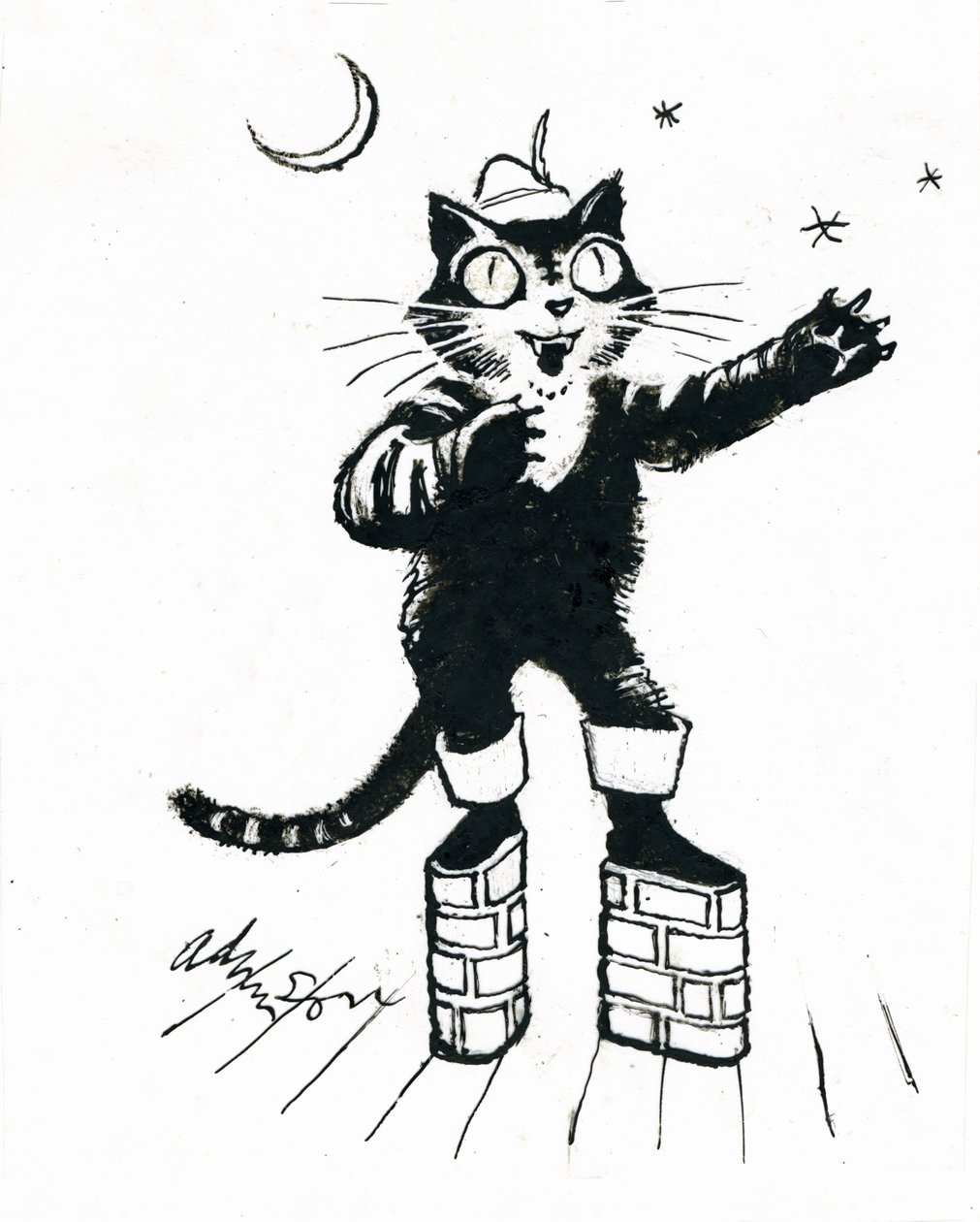 Puss in (murveggplattform) støvler (blekk på gjennomsiktighet over hvitt kort) av George Adamson