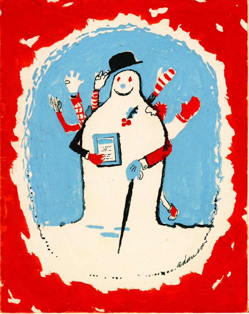 Snømann med mange armer, 1970-tallet (gouache på kort) av George Adamson
