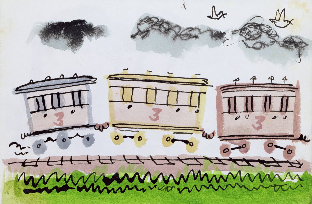 Steam Train, del II, 1952 (indisk blekk og penn og vask på papir) av George Adamson