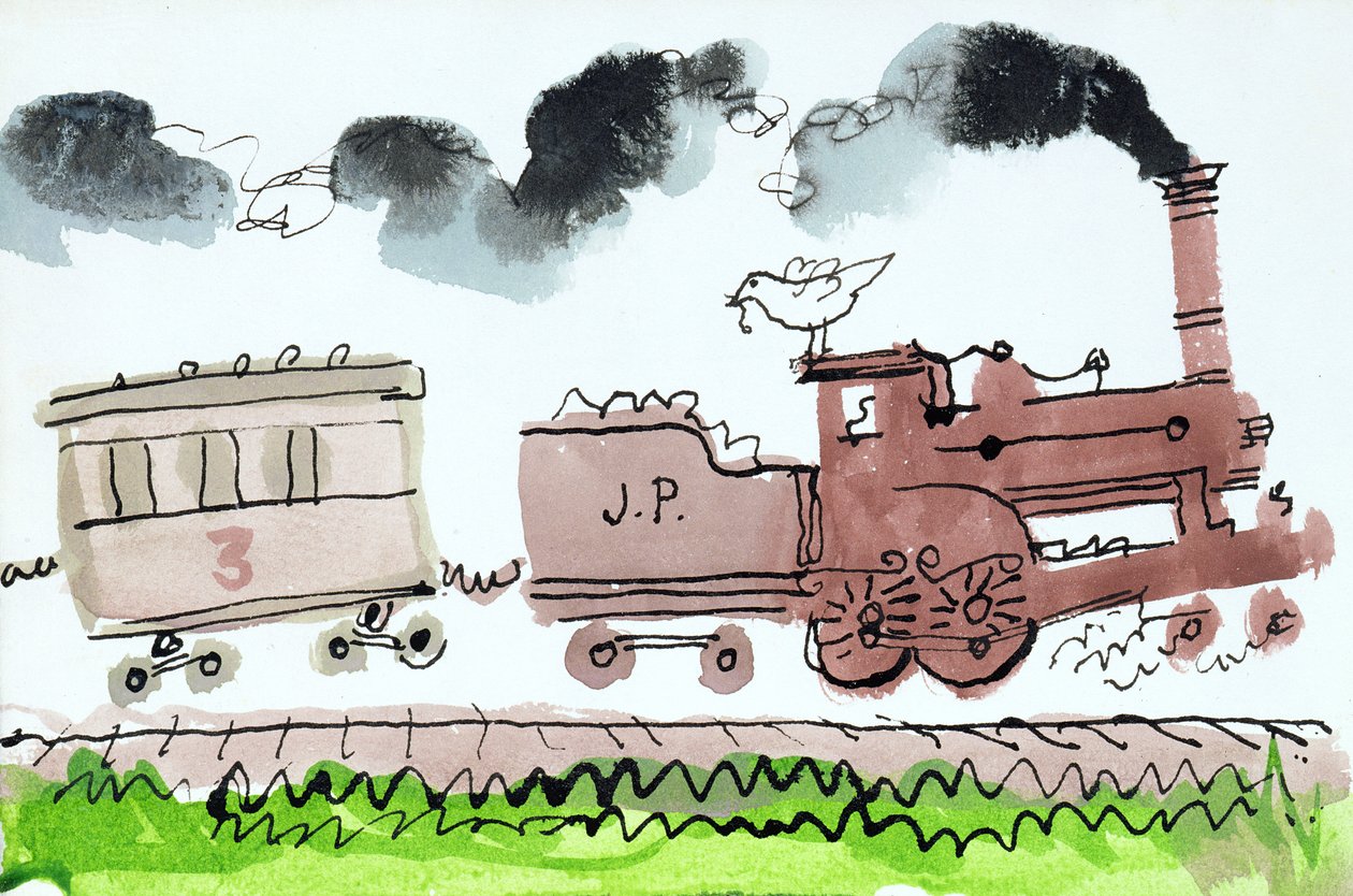 Steam Train, del I, 1952 (indisk blekk og penn og vask på papir) av George Adamson