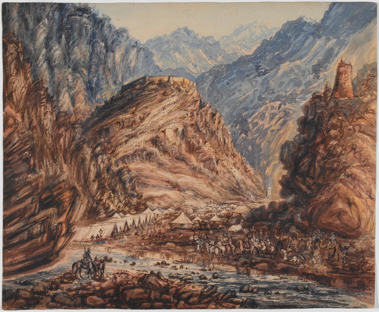 Fort of Ali Musjeed, Khyber Pass Camp av 4. brigade av generalmajor Pollocks styrke, april 1842 (akvarell) av George Alfred Croly