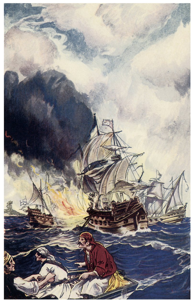 Brulot anklager om eksplosiver kastet mot et skip Illustrasjon fra "" Pirates of Panama or The Buccaneers of America"" av George Albert Williams (1875-1932) 1914 av George Alfred Williams