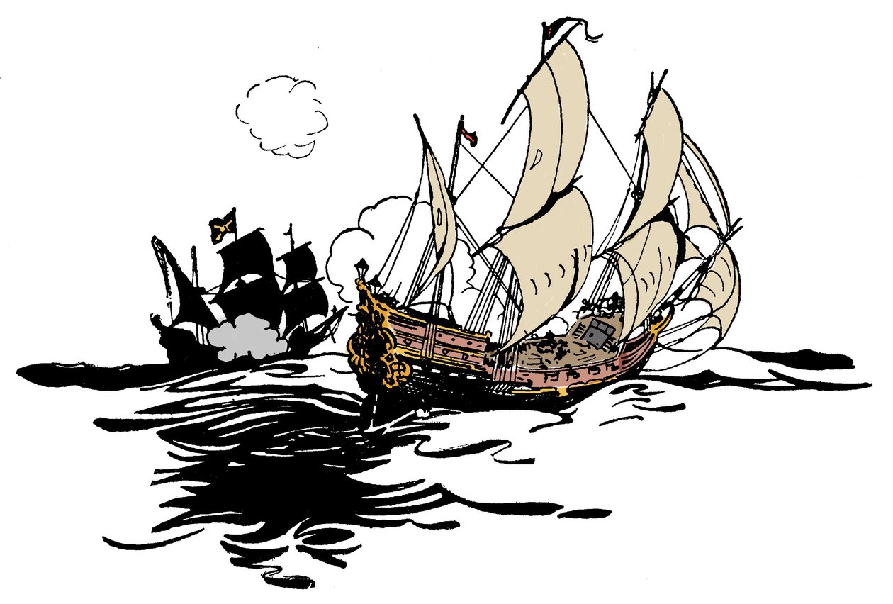 Pirater nærmer seg et skip Illustrasjon fra "Guttens bok om sjørøvere og de store sjørøverne"" av George Albert Williams (1875-1932) 1900 av George Alfred Williams