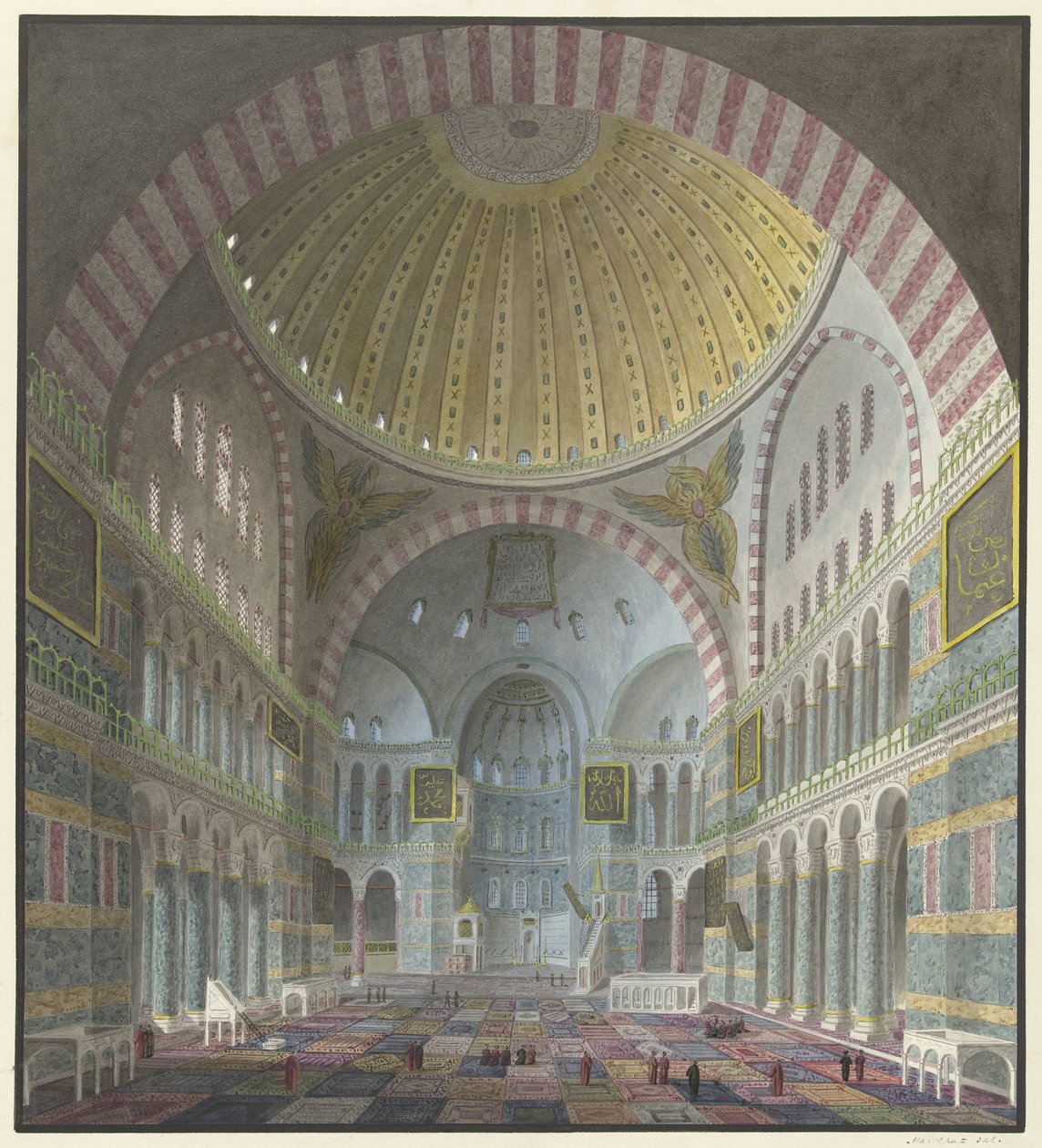 Interiør i Hagia Sophia med knelende og stående tyrkere av George Antoine Prosper Marilhat