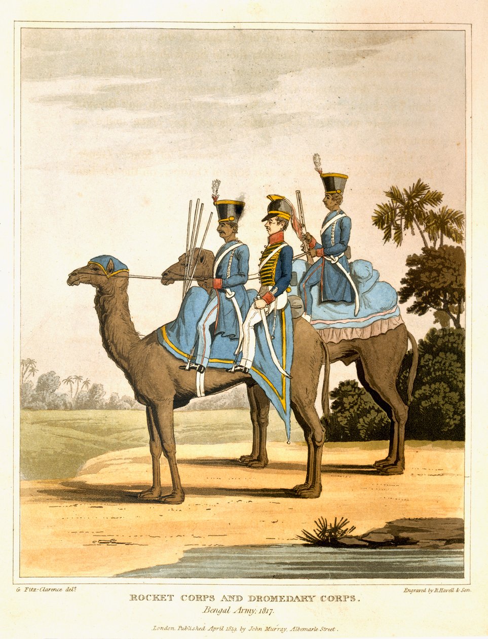 Rocket Corps and Dromedary Corps, Bengal Army 1817, fra 'Journal of a Route Across India and Through Egypt', gravert av R. Havell and Son, pub. av John Murray, 1819 av George Augustus Fitzclarence
