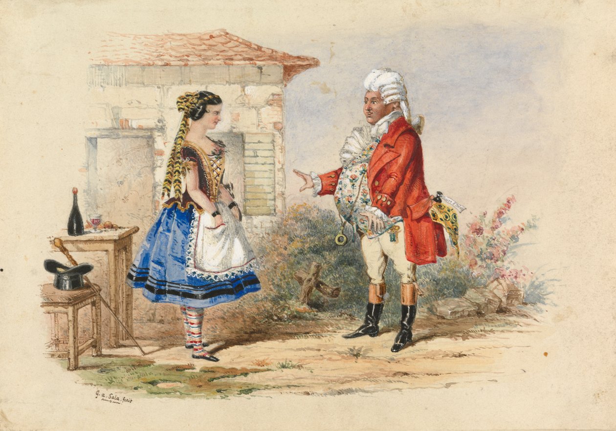 Adina og Dr. Dulcamara, scene fra Donigettis Elisir d'Amore av George Augustus Sala