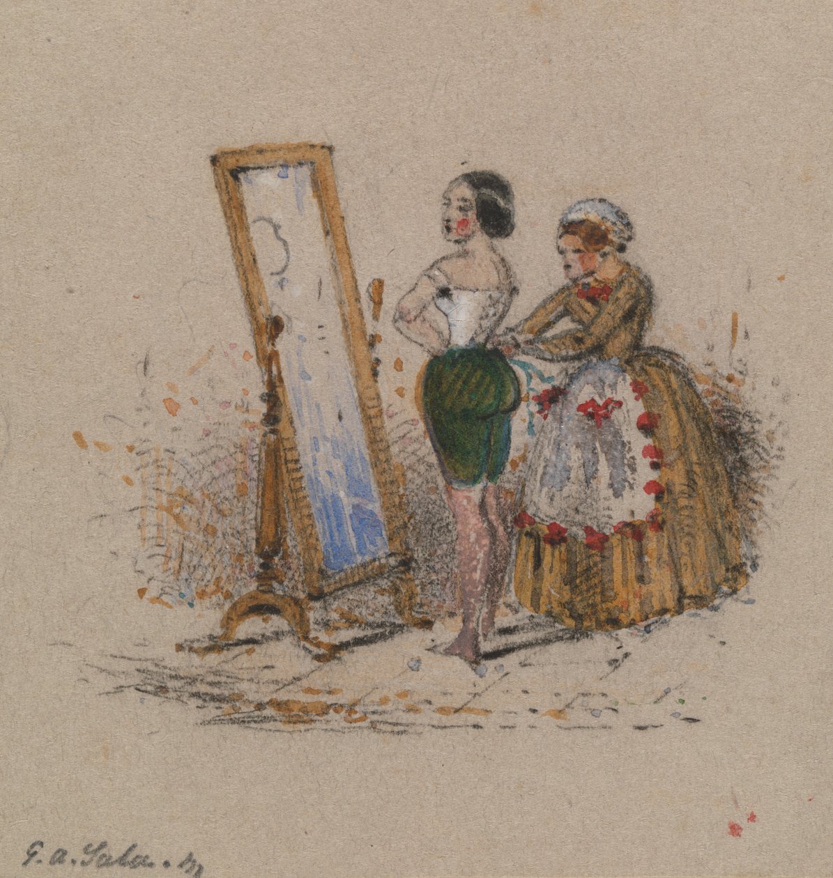 Kvinne dressing, med hushjelp av George Augustus Sala