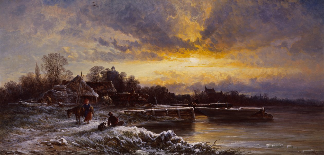 Et vinterlandskap, kveld (olje på lerret) av George Augustus Williams