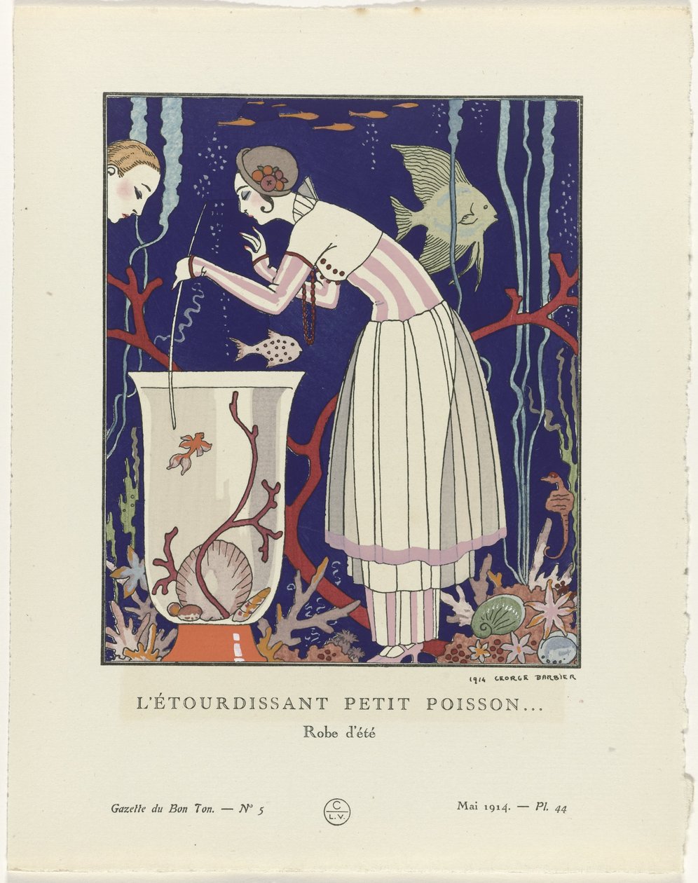 Gazette du Bon Ton, 1914 - nr. 5, pl. 44: Den fantastiske lille fisken (...) / Sommerkjole (tittel på objekt) av George Barbier