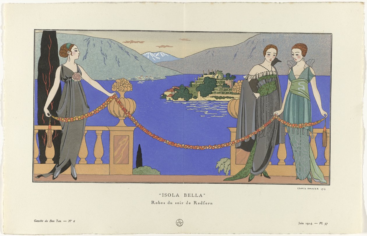 Gazette du Bon Ton, 1914 - nr. 6, pl. 57: Isola Bella/ aftenkjoler av Redfern (tittel på objekt) av George Barbier