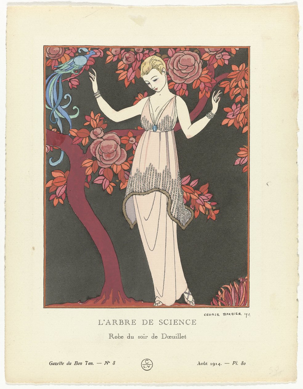 Gazette du Bon Ton 1914, nr. 8, pl. 80: The Tree of Science / Doeuillets aftenkjole (tittel på objekt) av George Barbier