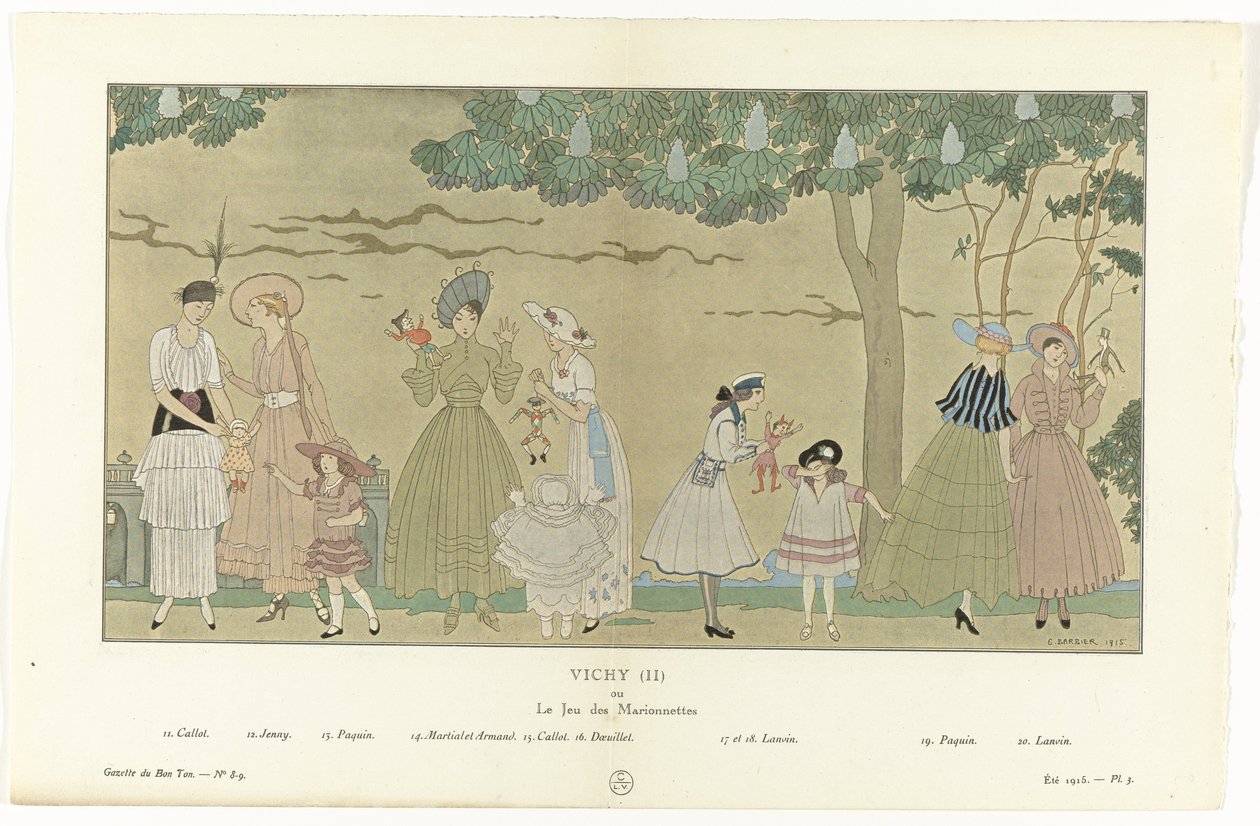 Gazette du Bon Ton, sommeren 1915 - nr. 8-9, pl. 3: Vichy (II) / eller / Le Jeu des Marionnettes (tittel på objekt) av George Barbier