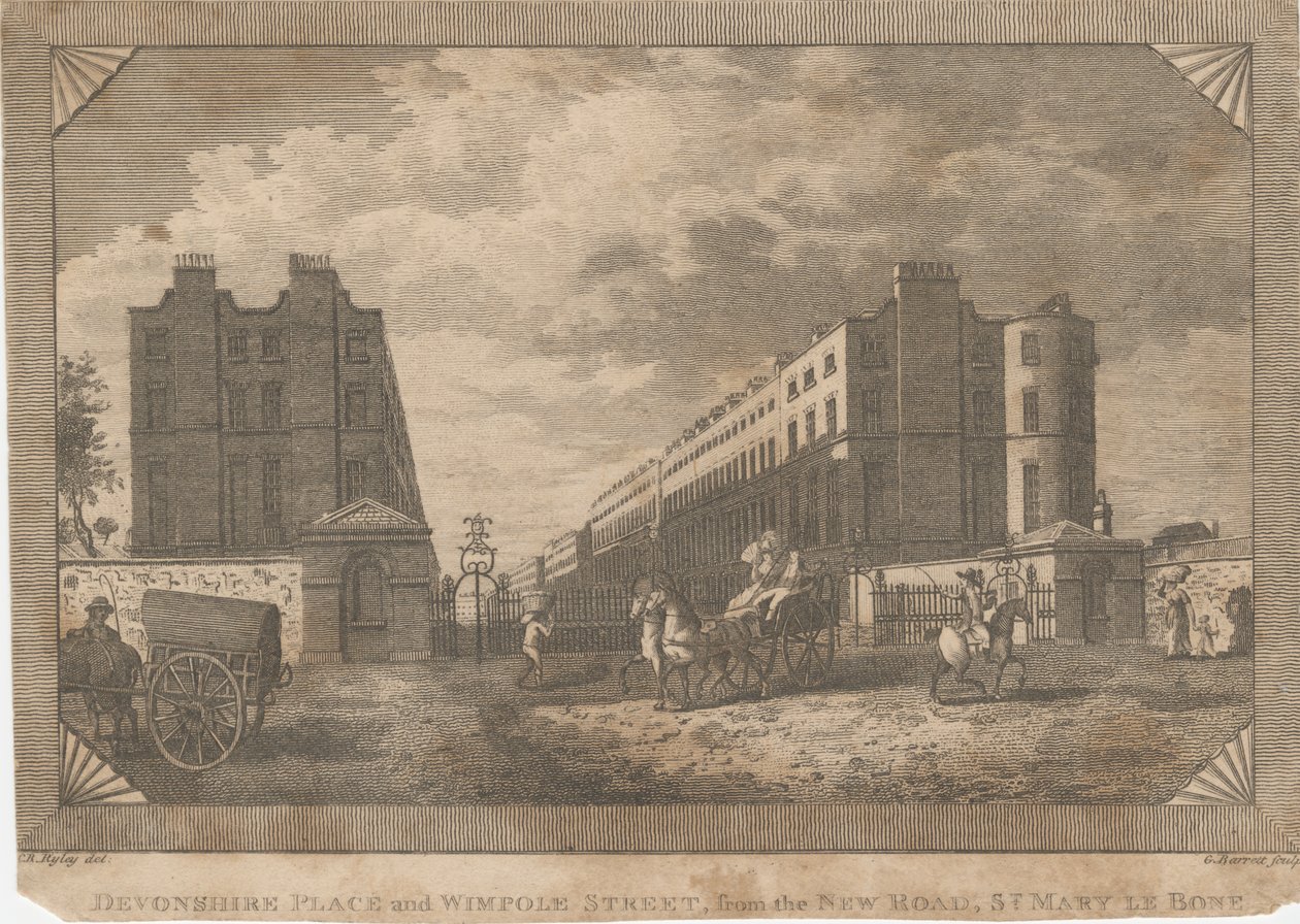 Devonshire Place og Wimpole Street, fra New Road, St. Mary Le Bone av George Barret
