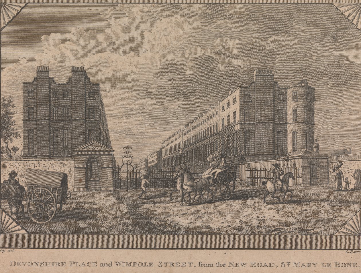 Devonshire Place og Wimpole Street, fra New Road, St. Mary le Bone av George Barret