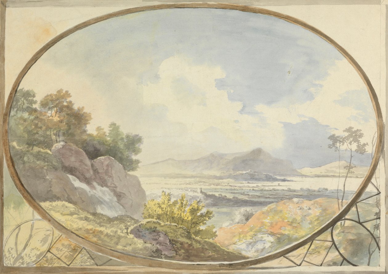 Landskap satt i en oval (fjelllandskap gjennom et ovalt vindu) av George Barret