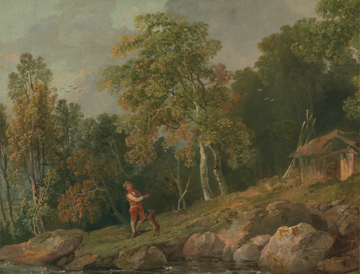 Skoglandskap med en gutt og hunden hans av George Barret